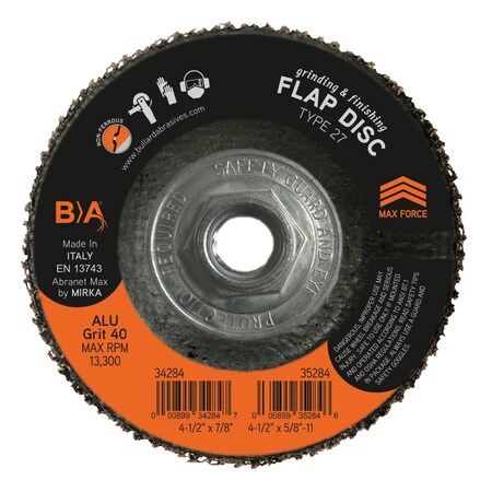 Bullard Abrasives Non-Loading Flap Disc, 4-1/2 x 5/8-11, PK10 35284